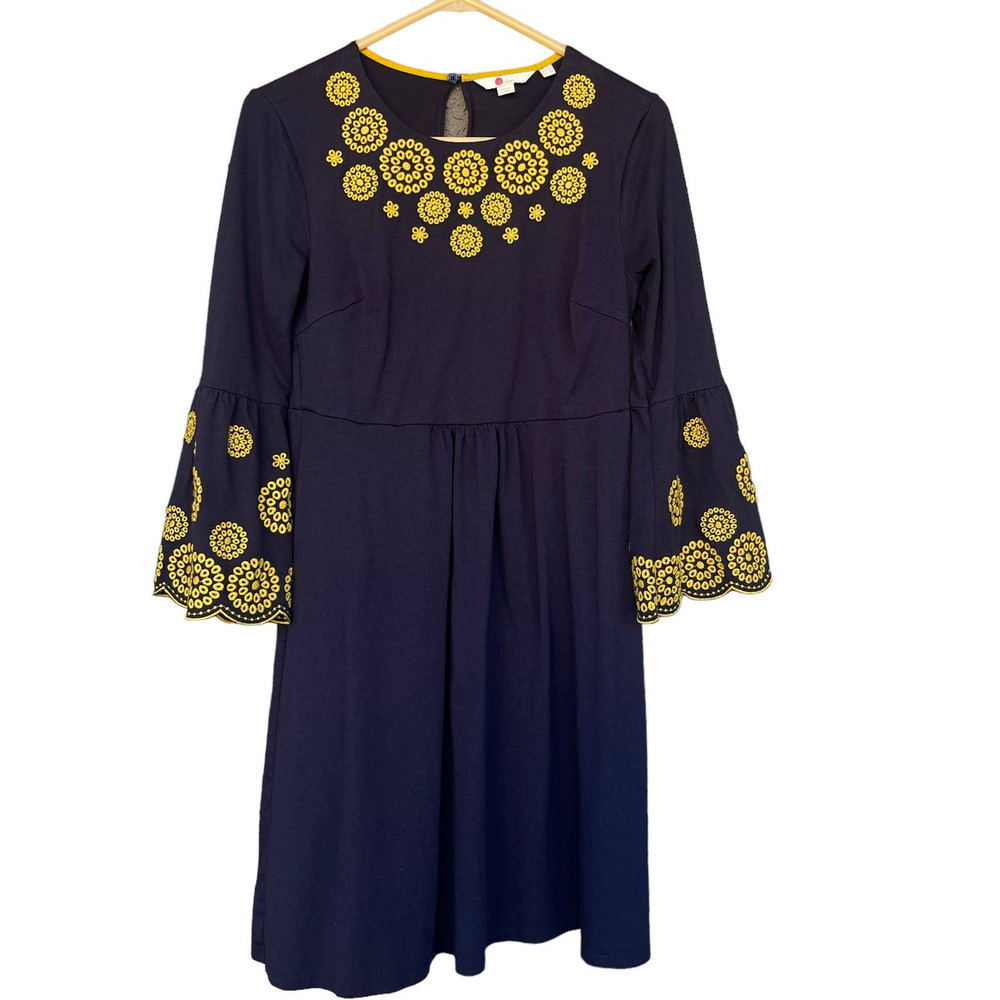 Boden Dress Womens 6R Navy Yellow Floral Fit & Flare Bell Sleeve